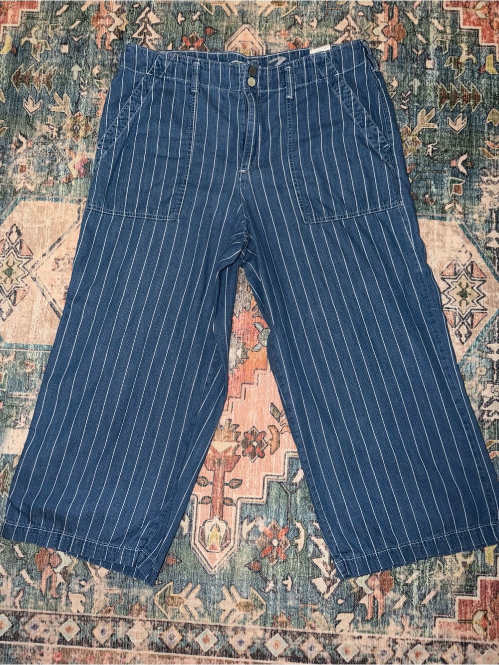 Seven7 Blue Pinstripe Cropped Wide-Leg Pants